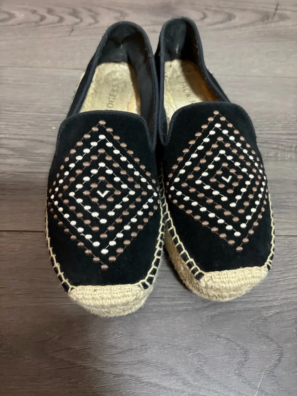 Jack Rogers Black Embroidered Luna Suede Espadrille Loafers Preppy Boho Vacation